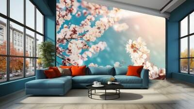 Bright spring background with many branches of apricot blossom flowers: spring time concept Wall mural