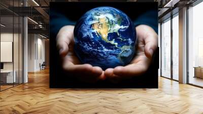 Hands holding a 3D globe, concept sustainability and save environment. Wall mural