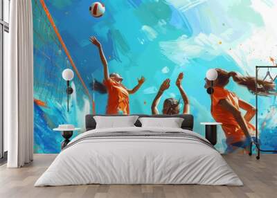 Illustration of women's volleyball players in playing on abstract background. Wall mural