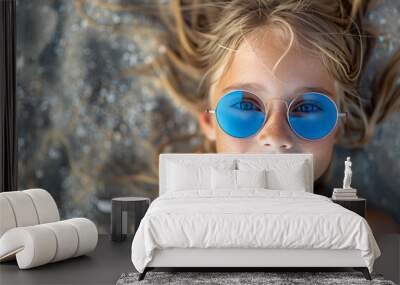 Portrait of a beautiful cheerful child girl 12 years old in sunglasses lies on the beach. Top view Wall mural