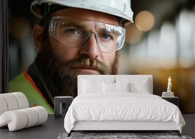 Portrait of a man with beard, worker wearing a construction clothing, safety glasses, white helmet. Wall mural