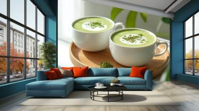 Two white cups of matcha latte on a wooden plate, indoors. Wall mural