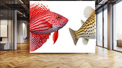 Multicolored aquarium fishes on a transparent background, side view. The Pompano, Pufferfish, Red Sponge, Red Stargazer saltwater aquarium fish, isolated on a white background Wall mural