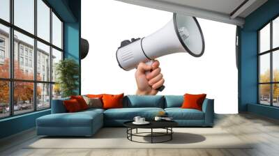 Set of close-up of a white megaphone held in hand, isolated on a white or transparent background. The megaphones is directed sideways. Concept of advertising campaign, loud message. Wall mural