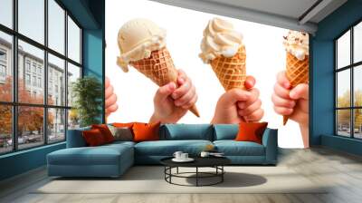 Set of different ice creams in a children's hand, isolated on a white or transparent background. Close-up, vanilla and chocolate ice cream in a waffle cup, side view. Graphic element Wall mural