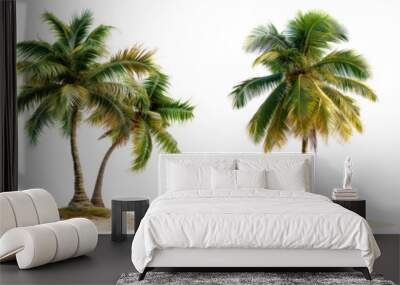 Set of palm trees on a small islands isolated on a white or transparent background. Close-up of a palm trees on the island. A trees on an island as a symbol of loneliness and isolation. Wall mural