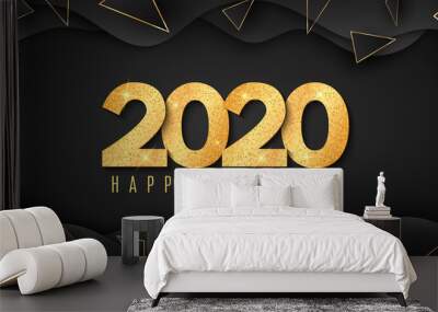 Abstract banner for Happy new year 2020. Fluid design. Wave shapes with triangles. Gold glitter numbers. Geometric style. Festive cover. Greeting card. Vector illustration Wall mural