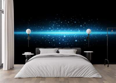 Bright explosion on the horizon into space with flying glowing particles isolated on black background. Blue big beam with sparks. Light effect. Vector illustration. EPS 10. Wall mural