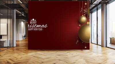 Christmas background with luxurious golden decorations of glittering hanging balls, flying confetti, snowflakes and stars. Happy new year banner. Vector illustration. Wall mural