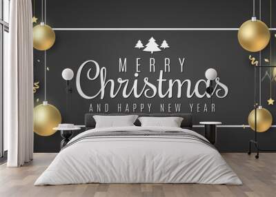 Christmas gift card. Golden balls and stars. Serpentine and confetti on a black background. Stylish lettering in frame. Festive poster for your design. Vector illustration Wall mural