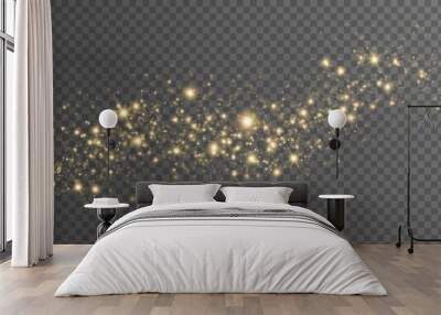 Christmas light effect with dynamic golden magical dust isolated on transparent background. Flying glowing particles with lights bokeh. Glittering graphic elements. Vector illustration. Wall mural