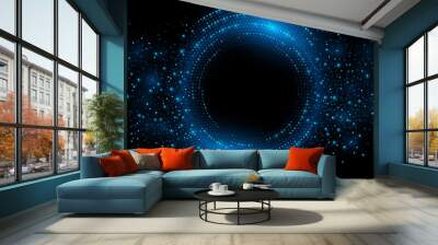 Digital circles of blue glowing dots. Big Data visualization into cyberspace. Network Information Decay. Futuristic modern background. Vector illustration. Wall mural