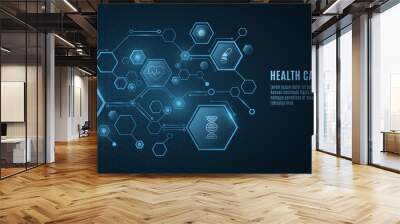 Digital medical science concept. Blue hexagon pattern with health care icons. Design for your ad, presentation, banner, template. Sci-fi futuristic background. Vector illustration. Wall mural