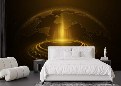 Digital world map with HUD elements. Earth hologram with golden glow. Sci-fi global network. Technology background. Vector illustration Wall mural