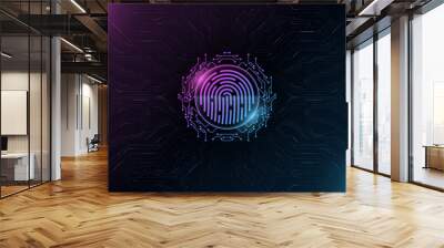 Futuristic fingerprint. Biometric data security. Big data CPU. Glowing blue and purple HUD round element. Scan user. Touch screen panel. Computer circuit board pattern. Vector illustration. Wall mural