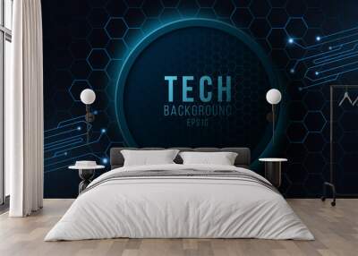 Futuristic hi-tech banner with computer circuit. Modern tech design. Glowing blue neon honeycombs with flying glowing particles. Vector illustration. Wall mural