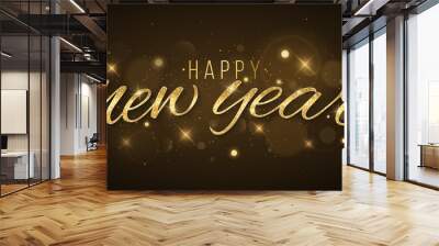 Golden New Year lettering decorated with abstract lights bokeh and stars on a dark background. Gold sequins. Luxurious Christmas banner. Vector illustration Wall mural