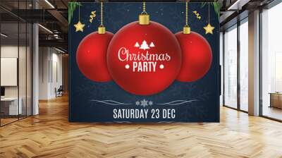 Invitation to a Christmas party. Red ball on beads. Christmas concept from fir tree, snow berries, gold stars and lollipops. White text. Multicolored luminous garland. Vector Wall mural