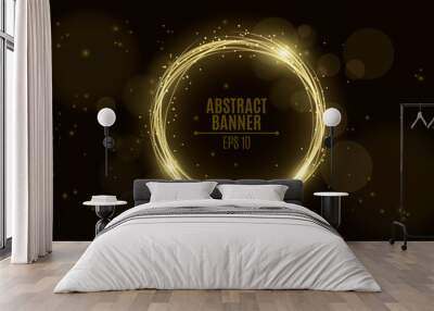 Luminous neon banner of gold color from woven strips. Shining lights in motion with small particles. Glare bokeh. Flying motes and lights. Banners for the web. Vector illustration Wall mural