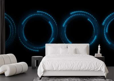 Set of digital circles with glowing dots. Big Data visualization into cyberspace. Swirl energy rings. Modern futuristic frames. Vector illustration. Wall mural