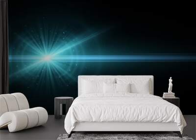 Stylish tech blue light effect isolated on a dark background. Vector footage for your project. Explosion with glowing sparks. Magic beams. Bright flare with horizontal rays. Wall mural