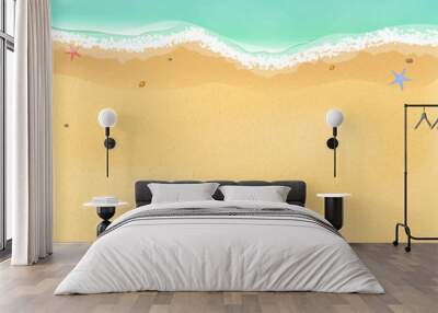 Summer time. Top view of an exotic empty beach with sea stars and seashells. A place for your project. A foamy sea with waves. Vector illustration Wall mural