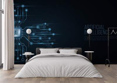 Technological luminous computer circuit board with processor. Artificial intelligence. Motherboard connectors glow in the dark. Vector illustration Wall mural