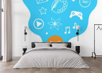 A young man using virtual reality headset and motion controllers for the entertainment. VR escape concept. Flat vector cartoon simple character illustration. Wall mural