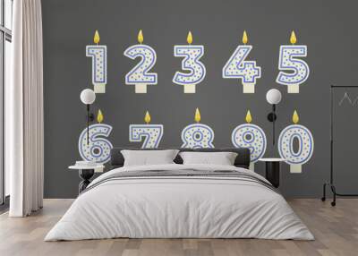 Birthday candles numbers for holiday cake decoration. Outline blue candle numbers burning isolated on grey background. Anniversary celebration party decor elements. Flat simple realistic vector. Wall mural