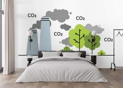 CO2 emission reduction concept art. Air pollution, high carbon gas fumes from factory pipes damage ecology environment forests. Stop global warming, reduce carbon footprint. Line art vector. Wall mural