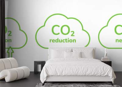 CO2 emission reduction outline icon set. Zero carbon footprint concept. Stop global warming, greenhouse gas effect. Green ecology environment linear cloud symbols. Line vector illustration. Wall mural