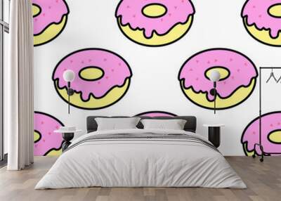 A pattern of bright donuts on a white background in pop art style for print and design. Vector illustration. Wall mural