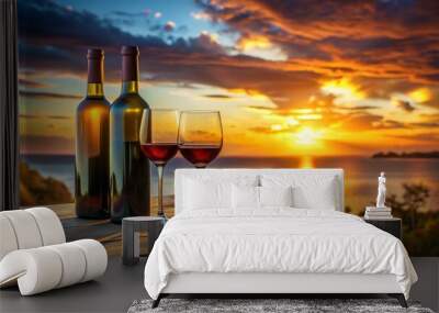  wine-bottle-and-2-wine-glasses-into-the-sunset Wall mural