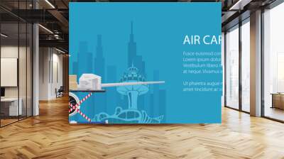 Banner air cargo services and freight, airplane with autoloader at the airport on the background of the city and text, unloading or loading of goods into the plane, vector illustration Wall mural