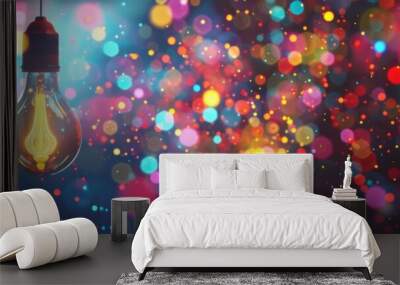 Glowing light bulb with different colors splashed on a blurred bright multi-colored background, progress and innovation and idea concept, banner Wall mural