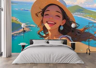 Illustration of a happy young girl taking a selfie against the sea background Wall mural