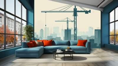 Illustration of a modern construction crane, hoisting, towering and efficient amidst bustling cityscape, modern urban construction Wall mural