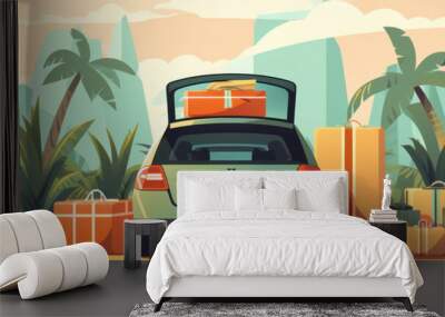 Open trunk of a car with suitcases and belongings, traveling by car to the sea or ocean coastline, banner illustration Wall mural