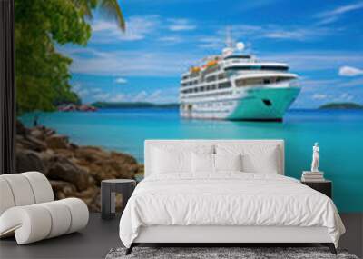 Passenger cruise ship near tropical paradise island, sea cruise vacation Wall mural