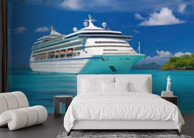 Passenger cruise ship near tropical paradise island, sea cruise vacation Wall mural