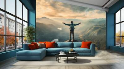 Traveler standing on top of a mountain with hands raised up , mission success and goal achieved, active tourism and mountain travel Wall mural