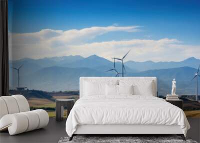 Wind turbines in a mountainous area, alternative energy sources in the mountains, green eco energy banner Wall mural