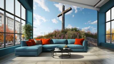 Wooden Christian cross on a hill Wall mural