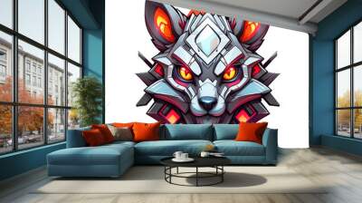 A cartoonish wolf face with red eyes and a black nose Wall mural