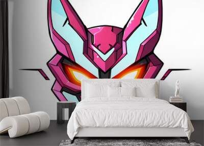 A pink and silver robot head with glowing eyes Wall mural