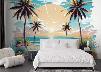 Cartoon summer beach vacation, Tropical Palm tree, ocean or sea seashore Paradise nature background Wall mural