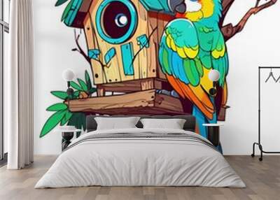 Colorful Parrot on a Tree Branch with a Birdhouse Wall mural