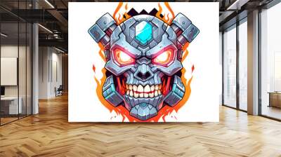 Fiery Mech Skull. Cybernetic Skull Logo. Mechanical Skull Mascot Wall mural