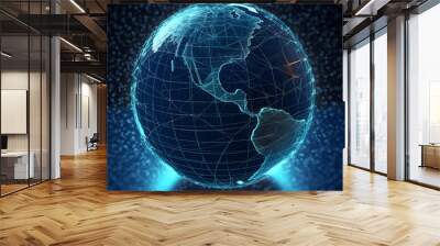 Futuristic holographic image of Earth showing North and South America on blue space background. Global communications and connectivity concept. Generative AI Wall mural