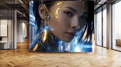 High-tech Asian female cyborg with glowing details, sleek mechanical components, and futuristic AI design, representing technology and innovation. Wall mural